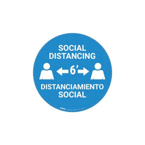 A photograph of the blue and white 05409 removable social distance floor sign, reading social distancing, distanciamiento social, with distancing diagram.