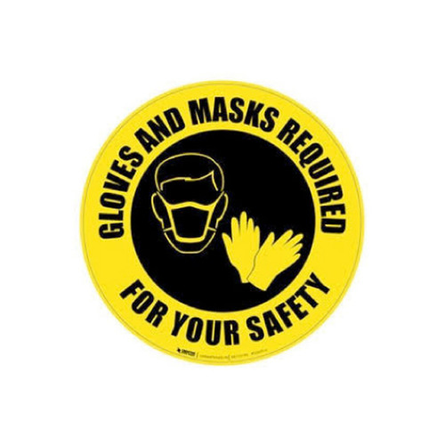 A photograph of the yellow and black 05410 removable social distance floor sign, reading gloves and masks required for your safety, with mask and gloves graphic.