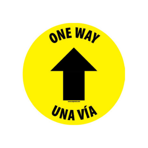 A photograph of the yellow and black 05412 one way, una via, with arrow icon, removable social distance floor sign.
