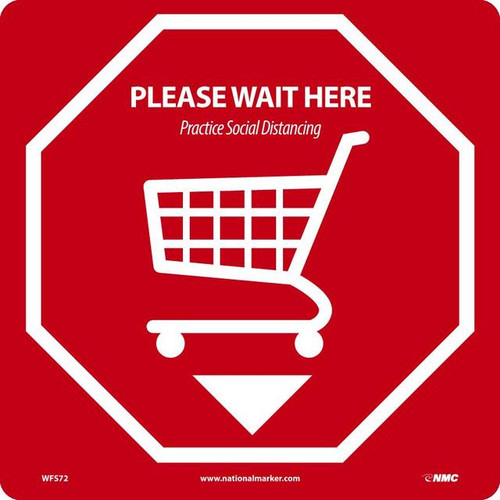 A photograph of the red and white 05425 Please Wait Here | Practice Social Distancing removable social distance floor sign, with cart graphic.