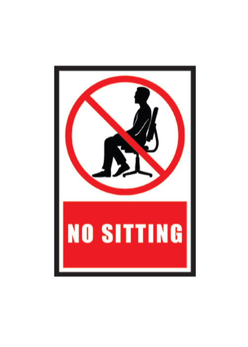 A photograph of a red and white 11307 removable social distance floor sign, reading no sitting, with person graphic, and dimensions 9" x 12".