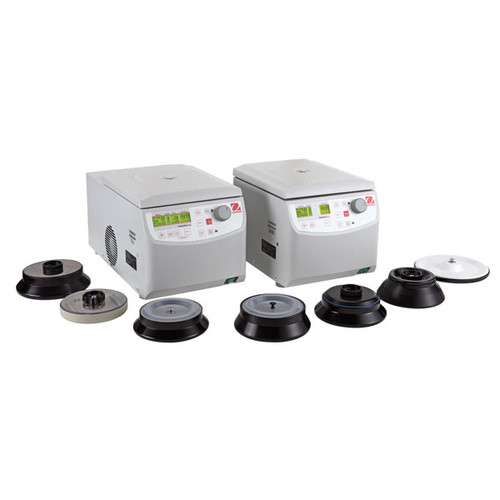Photograph of both Ohaus Frontier™ 5515/5515R Microliter Centrifuges with all optional rotors displayed.