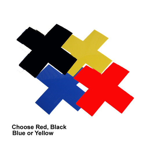 A photograph of the 06430 removable "X" markers in black, yellow, blue, and red, with dimensions 6" x 6" x 2".