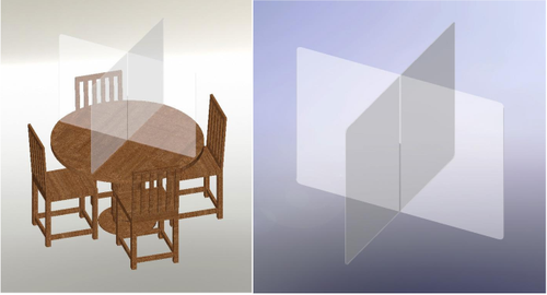 A photograph of a 11402 table top x shape clear partition by itself and in use on a table.