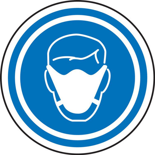 Circular sign with a blue background, white icon of a person wearing a face mask, and two blue and one white circle around the perimeter.