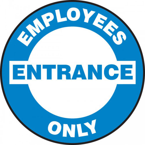A photograph of a blue and white 11254 pavement print sign, reading employees entrance only.
