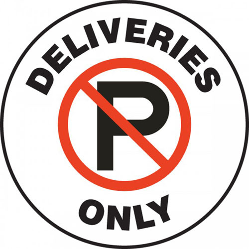 A photograph of the 11259 Pavement Print Sign: Deliveries Only, 17" diameter.