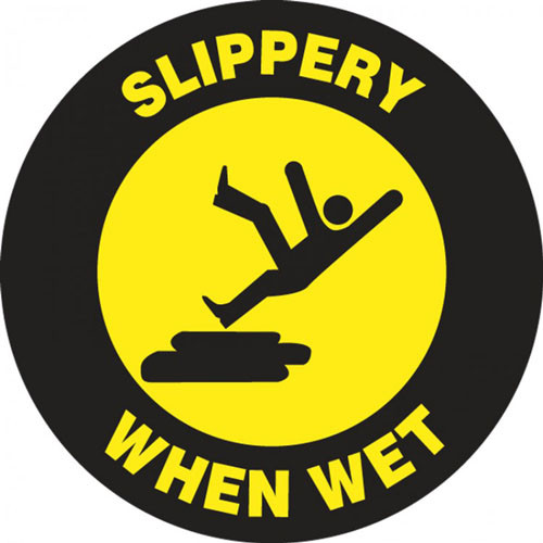 This black and yellow sign features the image of a person slipping on a surface with the text "Slippery When Wet." Use for areas that become slippery or wet frequently to prevents falls.