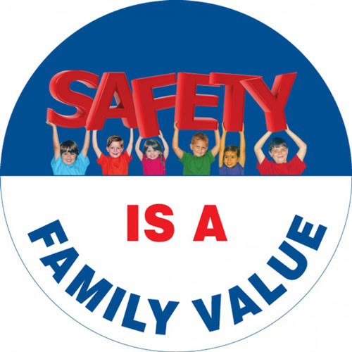 This colorful red, white, blue, and green sign features the text "Safety is a Family Value". The word safety features the images of children holding up the word in colorful shirts. Use to communicate company values and raise morale.
