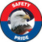This patriotic red, white, and blue sign features the text "Safety Pride". The center features the image of a bald eagle surrounded by an American flag. Use to raise awareness of safety patriotically.


