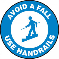 This blue and white sign features the text "Avoid A Fall Use Handrails" along a blue border. In the center, there is the image of person using a handrail while going down a staircase. Use to help prevent slips and falls on stairs.