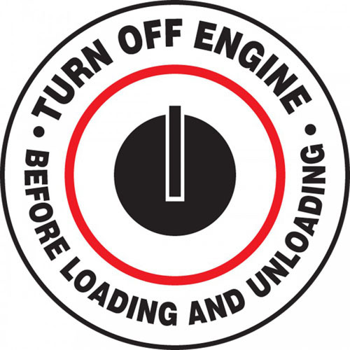 This red, white, and black sign features the text "Turn Off Engine Before Loading and Unloading". The center features the red and black image of a knob for turning an engine off. Use to prevent accidents caused from leaving vehicles on.