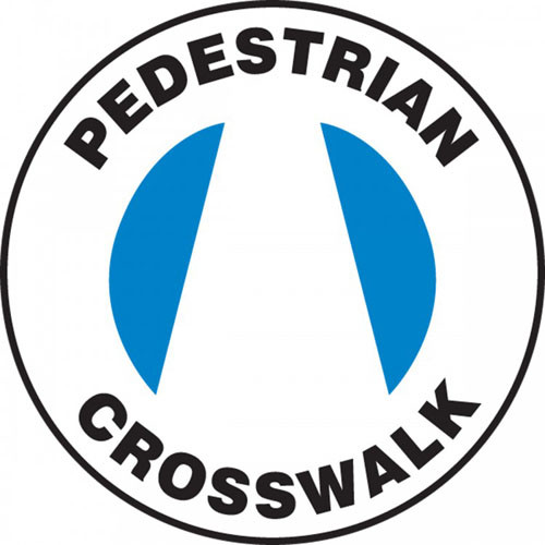 This white and blue sign has the text "Pedestrian Crosswalk" and features the blue image of a crosswalk across the center of the sign. Use to mark pedestrian crosswalks and prevent accidents from misuse.