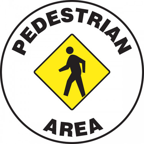 This white, black, and yellow sign has the following bold black text "Pedestrian Area". The center has a yellow diamond with the image of a person walking. Use to mark areas that are intended only for pedestrians instead of workers or employees.