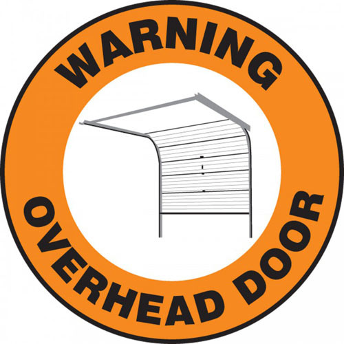 This orange, black, and white sign reads "Warning Overhead Door" along the border. The center features the image of a sliding overhead door to demonstrate the warning. Use to prevent accidents from unawareness. 