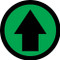 This black and colorful sign points out a direction or object with a black arrow on a colored background. Available in yellow, green, orange, red, and blue.