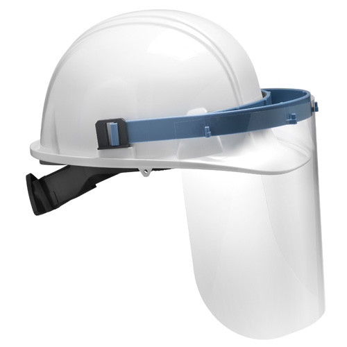 A side view of the faceshield mounted on a hard hat