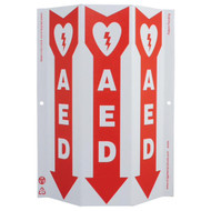 3-faced white sign features a red down arrow containing a heart/shock icon as well as the text "AED" on each face.