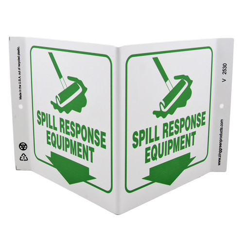 White V-shaped sign with green broom/cleanup icon, green text of "SPILL RESPONSE EQUIPMENT" and green down arrow on both faces.