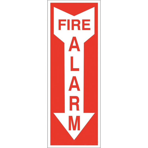 A photograph of a z-1892 zing eco-friendly fire alarm signs w/ down arrow, 14 h x 3.25 w, regular and photoluminescent.