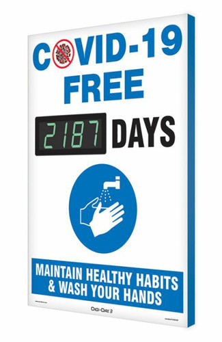 A photograph of a 06400 Digi-Day® 3 Electronic Scoreboard: COVID-19 Free ____ Days - Maintain Healthy Habits.