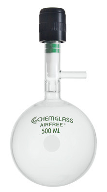 A photograph of a af-0094 storage flask, chem-cap® valve w/ cajon® sidearm, round bottom.