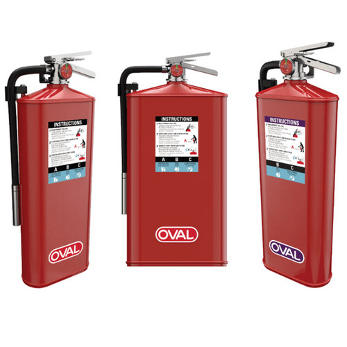 A photograph showing (from left to right) Oval 10H-ABC, Oval 10JH-ABC, and Oval 10H-PKP fire extinguishers.