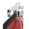 A rendering of the  bracket attached on the neck of an Oval Fire Extinguisher, hanging on the button.