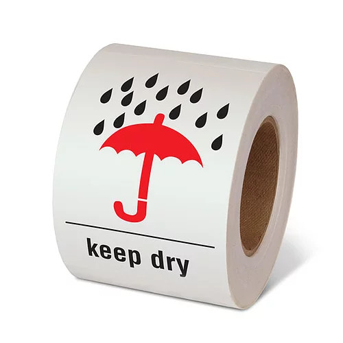 Photograph of a roll of Speciality Handling Labels, "Keep Dry" with Graphic.