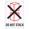 A picture of a single label featuring a graphic of one red box above another with a black X through them and the words "DO NOT STACK" below it.