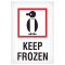 A picture of a single label featuring a graphic of a penguin within a red box and the words "KEEP FROZEN" below it