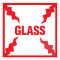 A picture of a single label that features the word "GLASS" in red surrounded by jagged red lines intimating cracked glass.
