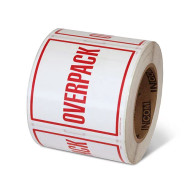 Photograph of a roll of Speciality Handling Labels, "Overpack" .