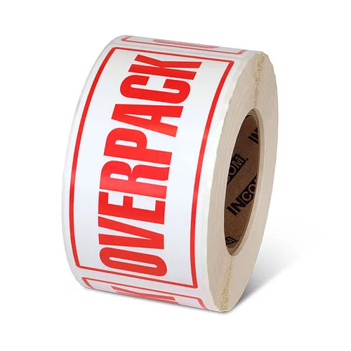 Photograph of a roll of Speciality Handling Labels, "Overpack" .