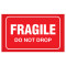 A picture of a single label that features the words "FRAGILE DO NOT DROP "in white on a red background.