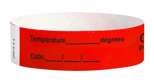 Picture of a red band printed with bold text reading "COVID-19 PRE-SCREENED” with  spaces for the date and a person's temperature.