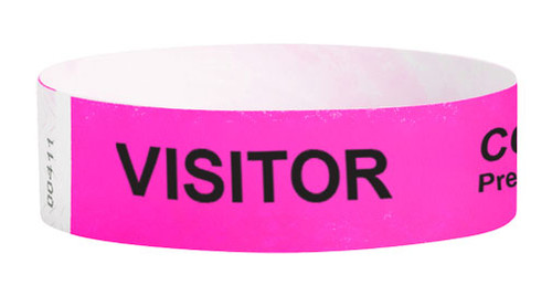 Picture of a neon pink band is printed with bold text reading "COVID-19 PRE-SCREENED” and “VISITOR”.
