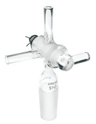 A photograph of a af-0509 flushing adapter, two arms w/ t-bore glass or ptfe stopcock, jointed.