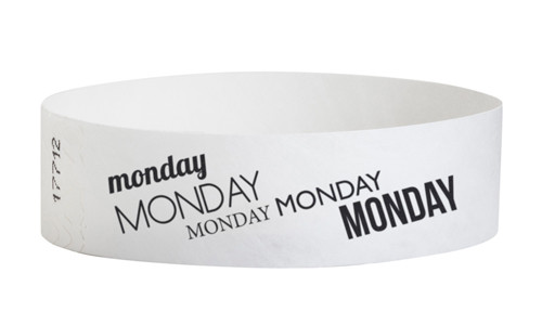 Picture of the white, Monday Tamper-Resistant  Tyvek® Wrist Band w/ Serial Numbering.