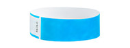 Picture of a blue,  3/4" wide Tamper-Resistant Tyvek® Wrist Band w/ Serial Numbering.