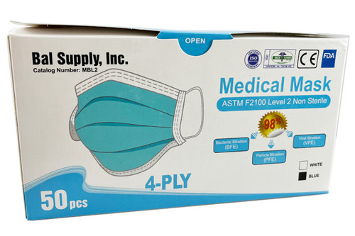A photograph of the front of a box of BAL Supply FDA-Approved Premium 4-Ply ASTM Level 2 Fluid Resistant Disposable Face Masks.