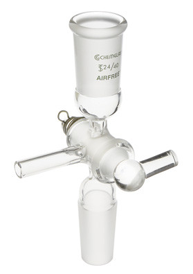 A photograph of a af-0509-a flushing adapter, t-bore w/ 2 joints and glass or ptfe stopcock.