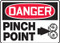A photograph of 01760 Danger Pinch Point OSHA sign.  Danger is spelled out in white lettering on a red background.  The words "pinch point" and the graphic are in black on a white background.
