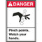 A photograph of a 01762 Danger Pinch Points Watch Your Hands ANSI Sign w/ Graphics.  Danger is written in white lettering on a red background across the top.  A black graphic in the middle of the sign is followed by the words "Pinch Points. Watch Your Hands" in black on a white background.
