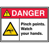 A photograph of a 01763 Danger Pinch Points Watch Your Hands ANSI IOS Sign w/ Graphics.  The top of the sign has the word DANGER! in white lettering on a red background, adjacent to a black exclamation mark on a yellow triangle.  The words "Pinch points.  Watch your hands" are in black lettering on a white background next to a black and yellow graphic.  