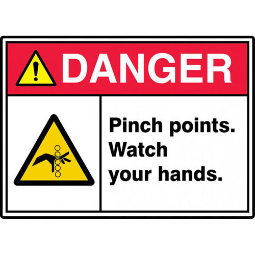 A photograph of a 01763 Danger Pinch Points Watch Your Hands ANSI IOS Sign w/ Graphics.  The top of the sign has the word DANGER! in white lettering on a red background, adjacent to a black exclamation mark on a yellow triangle.  The words "Pinch points.  Watch your hands" are in black lettering on a white background next to a black and yellow graphic.  