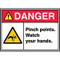 A photograph of a 01763 Danger Pinch Points Watch Your Hands ANSI IOS Sign w/ Graphics.  The top of the sign has the word DANGER! in white lettering on a red background, adjacent to a black exclamation mark on a yellow triangle.  The words "Pinch points.  Watch your hands" are in black lettering on a white background next to a black and yellow graphic.  