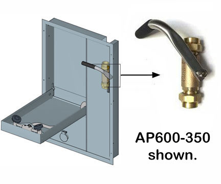 A drawing of the installation location of the Guardian Guardian AP600-355 Shower Valve Assembly for GBF2150 Series w/ a picture of a similar AP600-350 valve to the right.