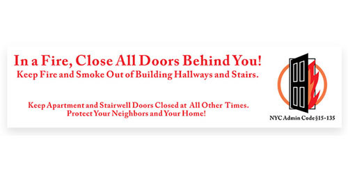A color drawing of the NYC Close All Doors Behind You Fire Code Sign as described in the product description.