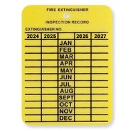 Plastic fire extinguisher tag with "Fire Extinguisher Inspection Record" and "Extinguisher No _____" header plus room for four years of monthly inspections 2024 through 2027.